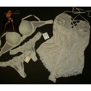 Victoria's Secret 32D BRA SET+S thong+ROMPER WHITE Blue I DO BRIDAL crystallized